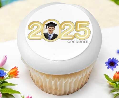 Gold 2025 Graduate PhotoCake® Edible Image® Frame Cupcakes (12 Cupcakes)